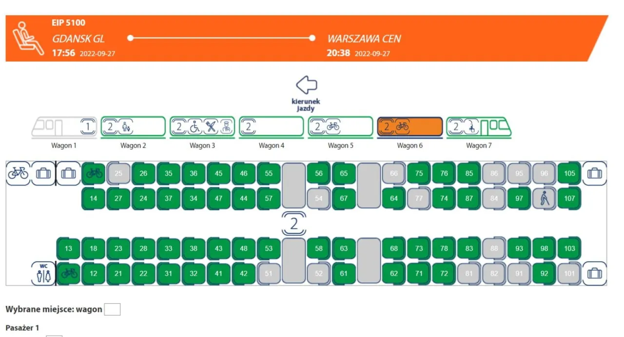 Rozkład miejsc w pociągu EIP 5100 relacji Gdańsk Gł. - Warszawa Cen. Tlk co to za pociąg? To szybki pociąg z wygodnymi miejscami.
