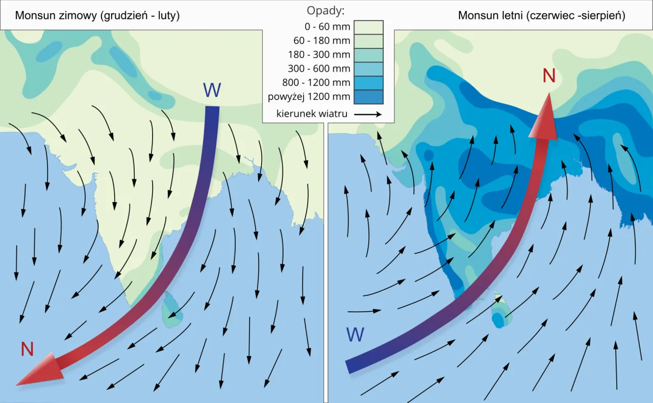 Mapa cyrkulacji monsunowej Azji Południowej i Południowo-Wschodniej