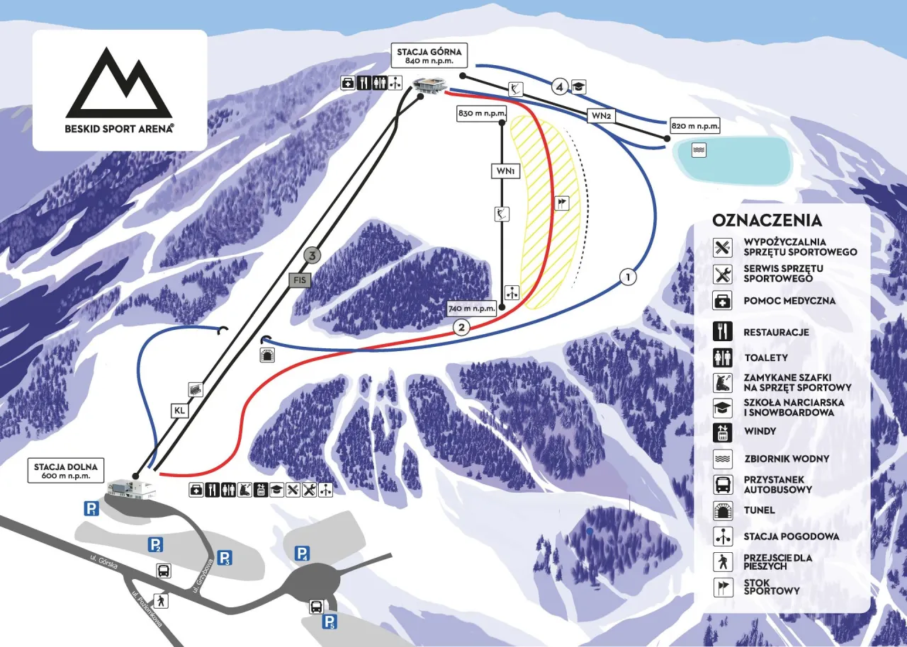 Mapa ośrodka Beskid Sport Arena. Widać stoki, wyciągi, budynki i oznaczenia. Szeroka trasa narciarska to stok FIS.