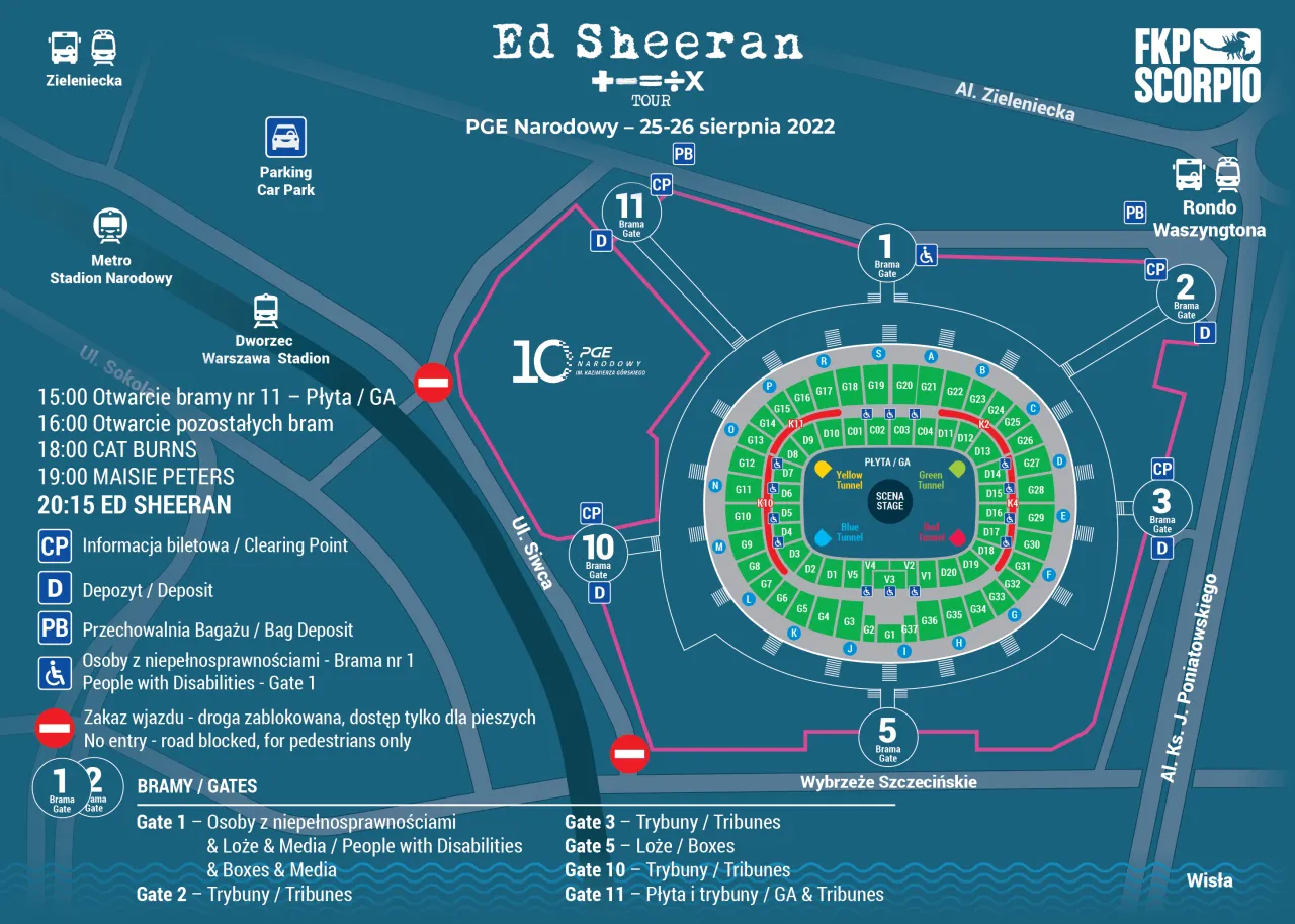 Mapa PGE Narodowy: koncert Ed Sheeran Warszawa, ile bilet&oacute;w? Sprawdź bramy, parking i godziny otwarcia.