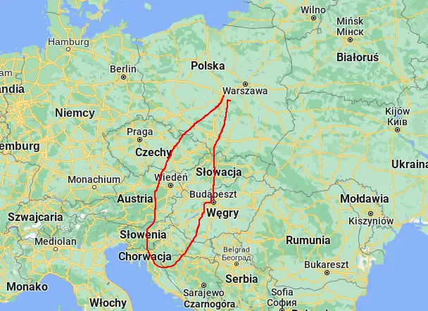 Mapa trasy Polska Chorwacja przez Czechy Austrię Słowenię