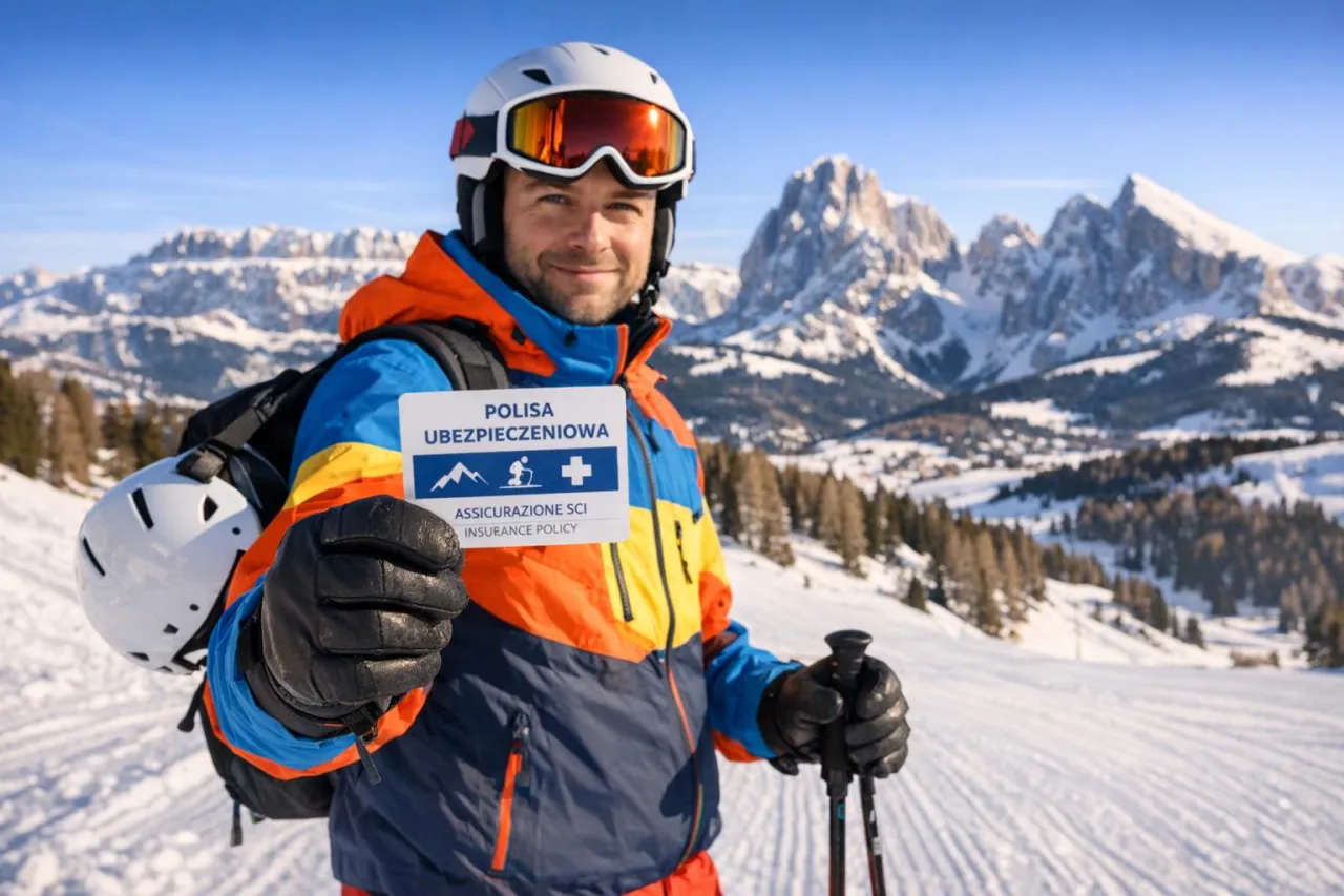Narciarz w Dolomitach trzyma kartę 