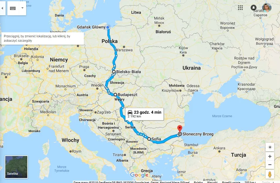Mapa trasy Polska Bułgaria przez Serbię