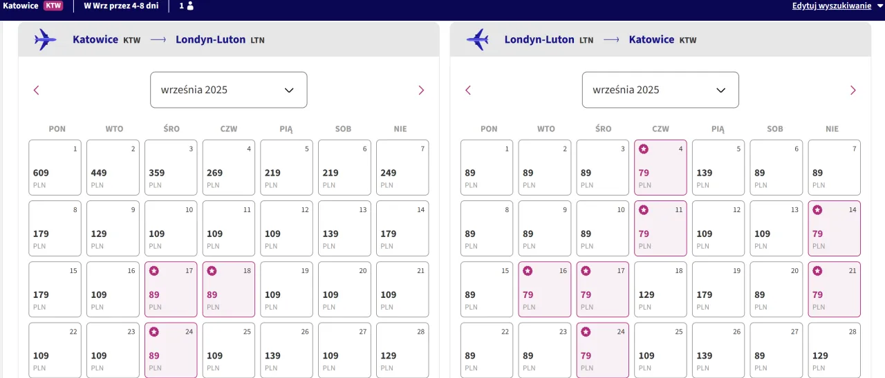 kalendarz tanich lot&oacute;w wizz air