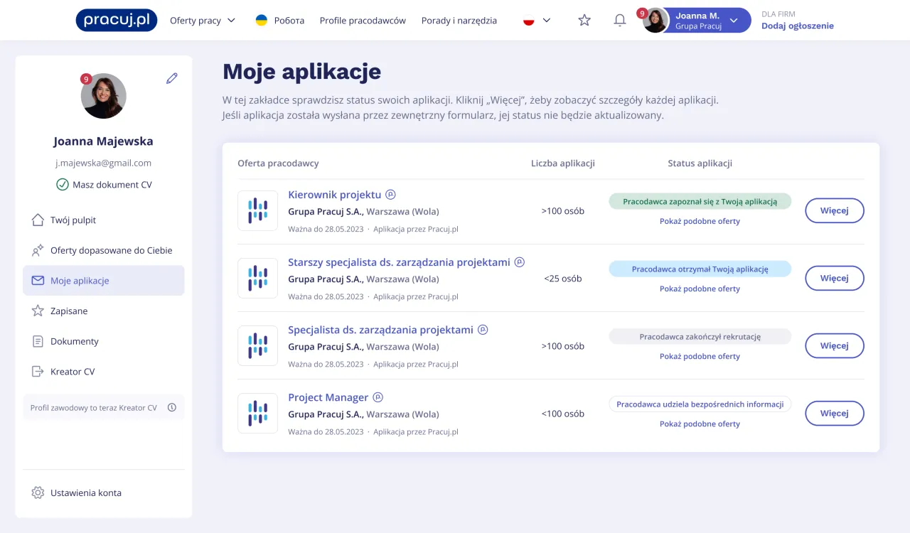 Pracuj.pl moje aplikacje status