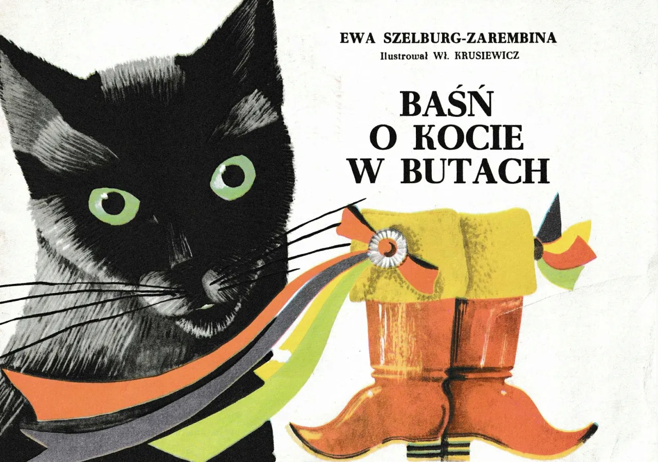 Czarny kot z zielonymi oczami i kolorowe buty. Ilustracja do baśni o kocie w butach Ewy Szelburg-Zarembiny.