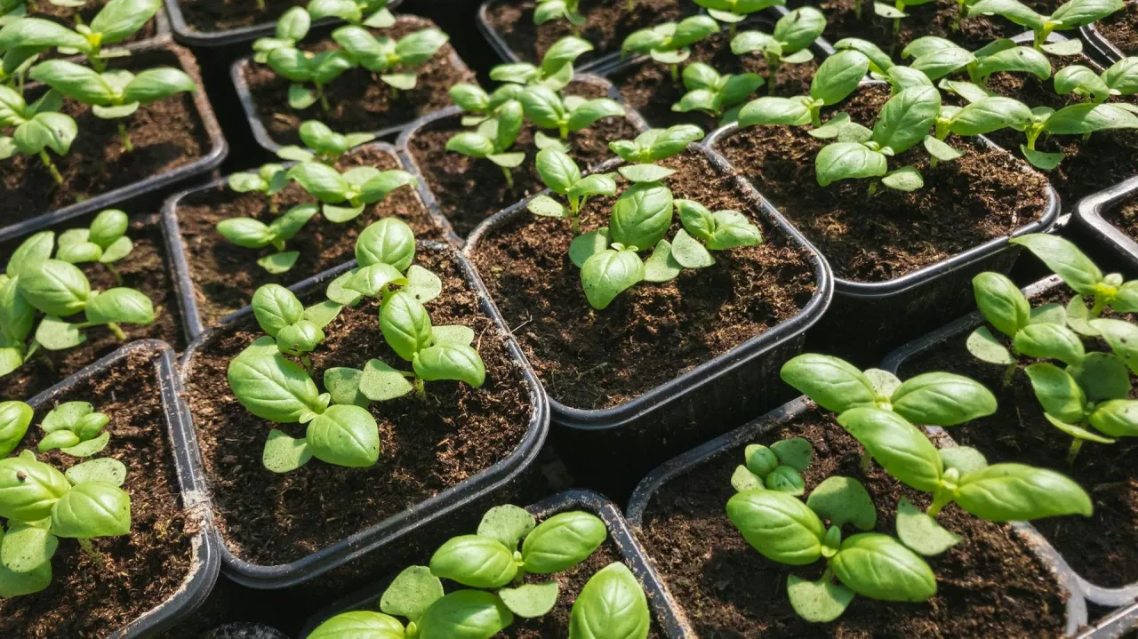 Młode sadzonki bazylii w małych doniczkach, gotowe do przesadzenia. Proste wskaz&oacute;wki, jak posadzić bazylie w doniczce, by cieszyć się jej aromatem.