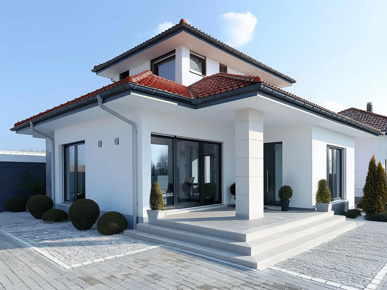 dom czerwony dach białe okna elewacja biała beżowa szara