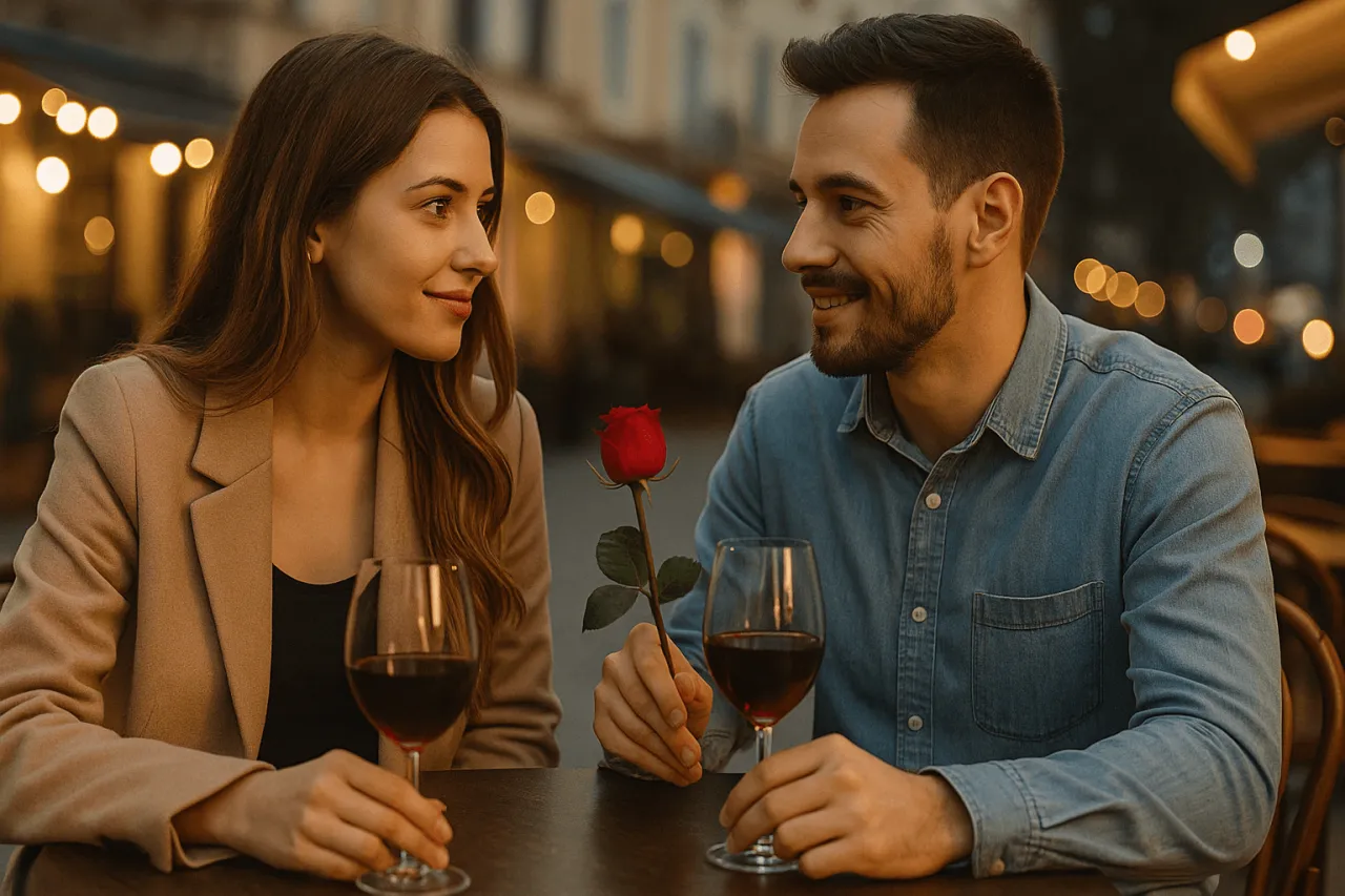 Uśmiechnięta para na pierwszej randce w kawiarni