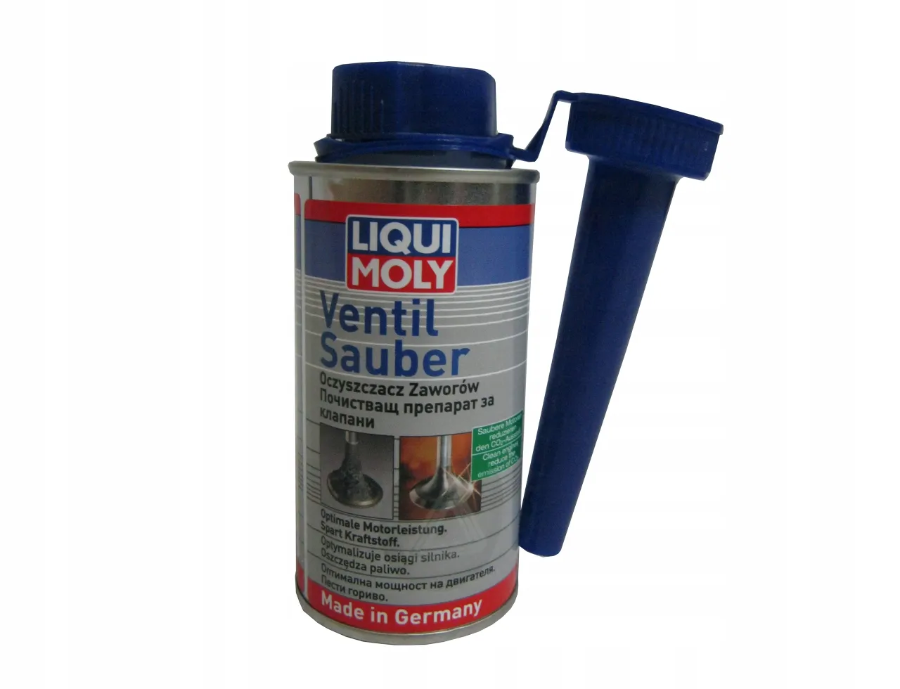 Preparat Liqui Moly Ventil Sauber do czyszczenia nagaru z zaworów bez zdejmowania głowicy. Opakowanie z niebieskim aplikatorem.