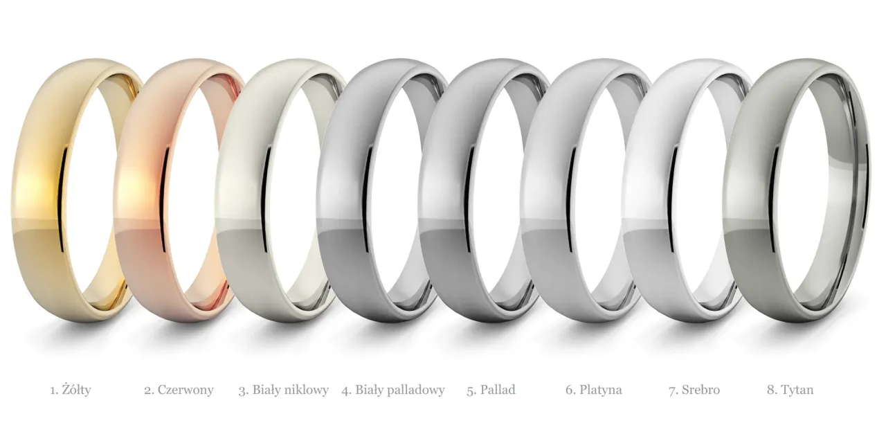 r&oacute;żne rodzaje obrączek ślubnych złote platynowe tytanowe