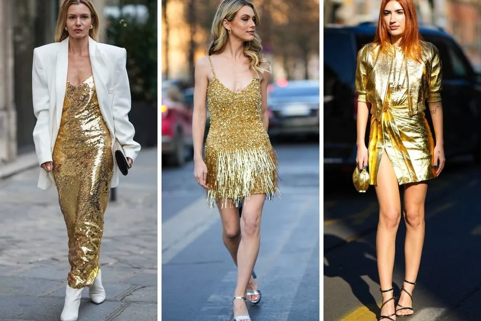 złota sukienka i buty nude czarne złote stylizacje