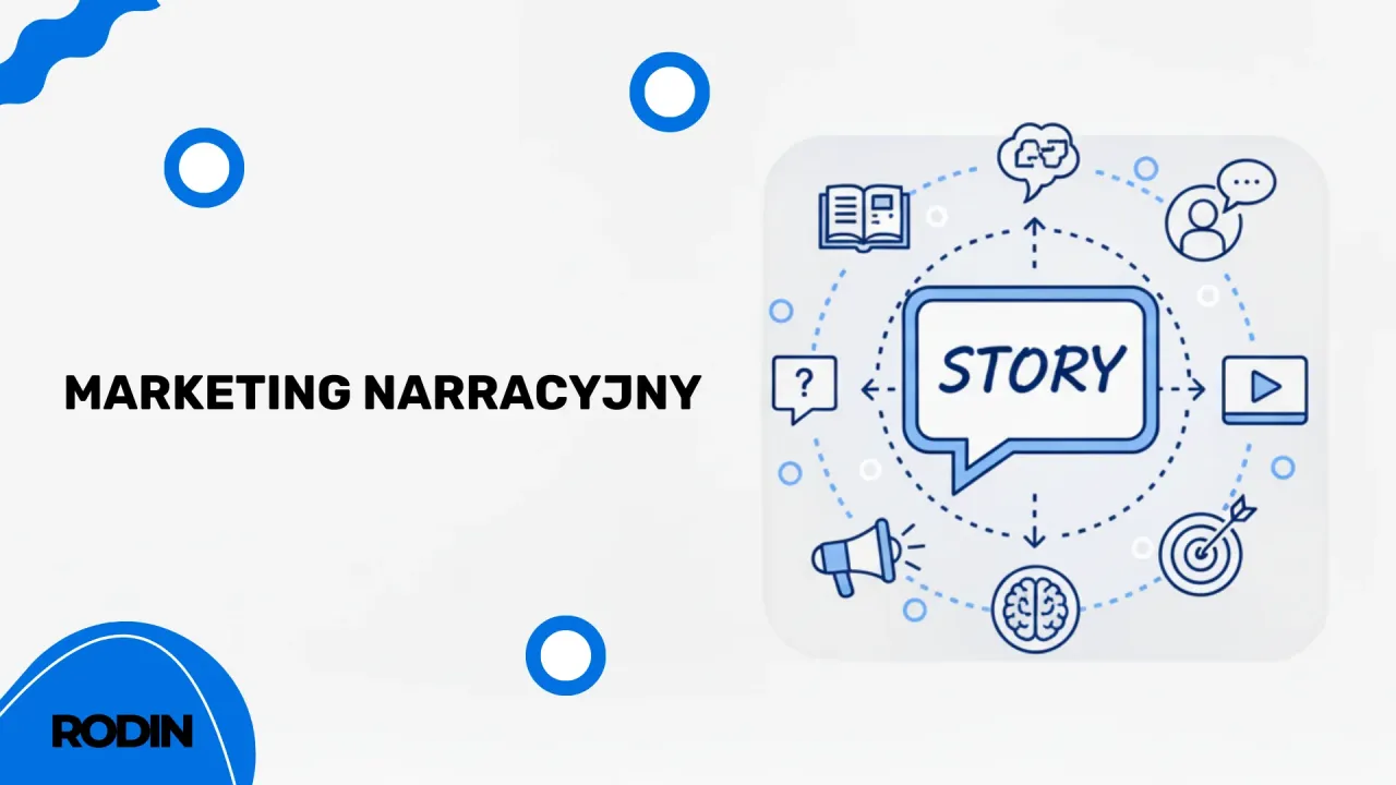 Grafika ilustruje marketing narracyjny. Centralnym elementem jest dymek z napisem 