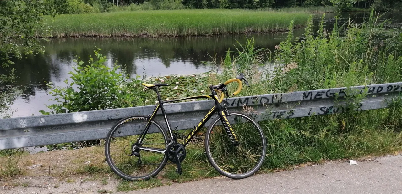 Czarny rower szosowy z żółtymi akcentami oparty o barierkę przy malowniczej wiślanej trasie rowerowej. Idealny do eksploracji z plikiem GPX.