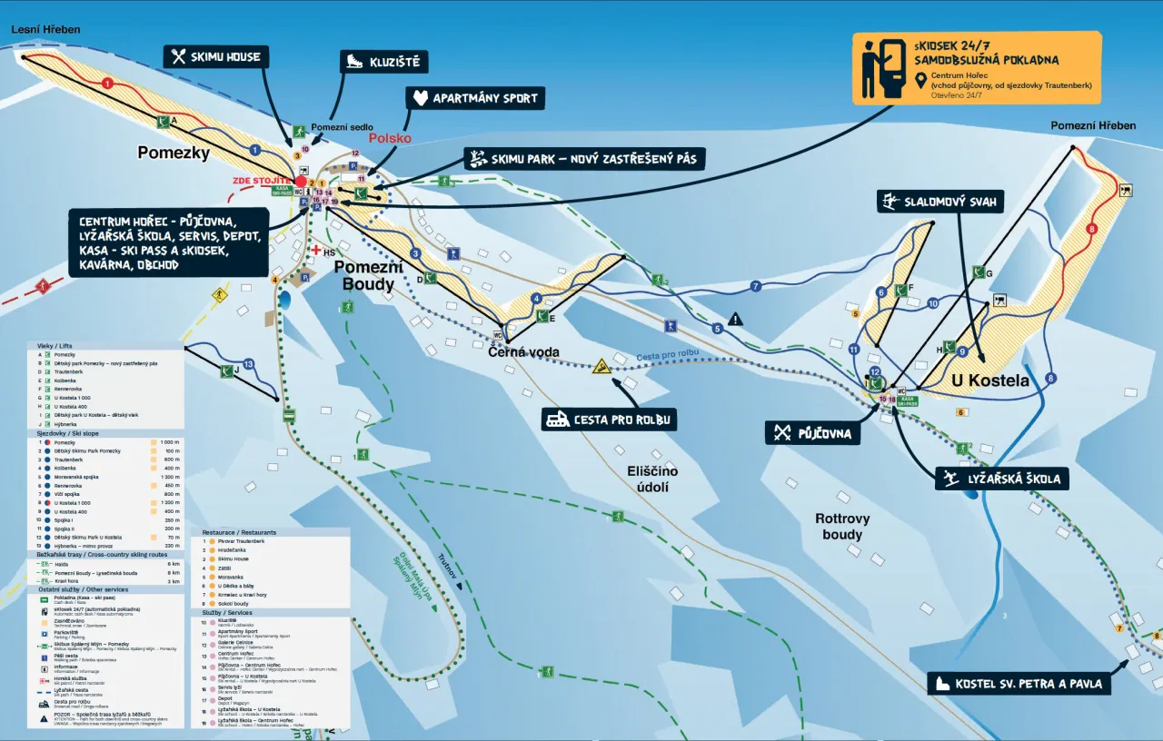Mapa ośrodków narciarskich Czech blisko granicy z Polską