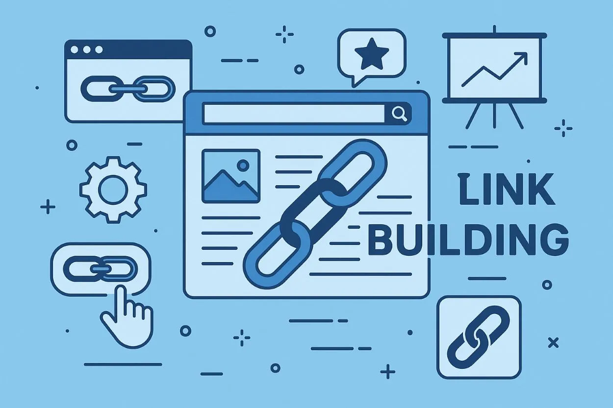 Grafika ilustruje pozyskiwanie linków (link building) poprzez ikony stron, łańcuchów, wyszukiwarki i wykresów.