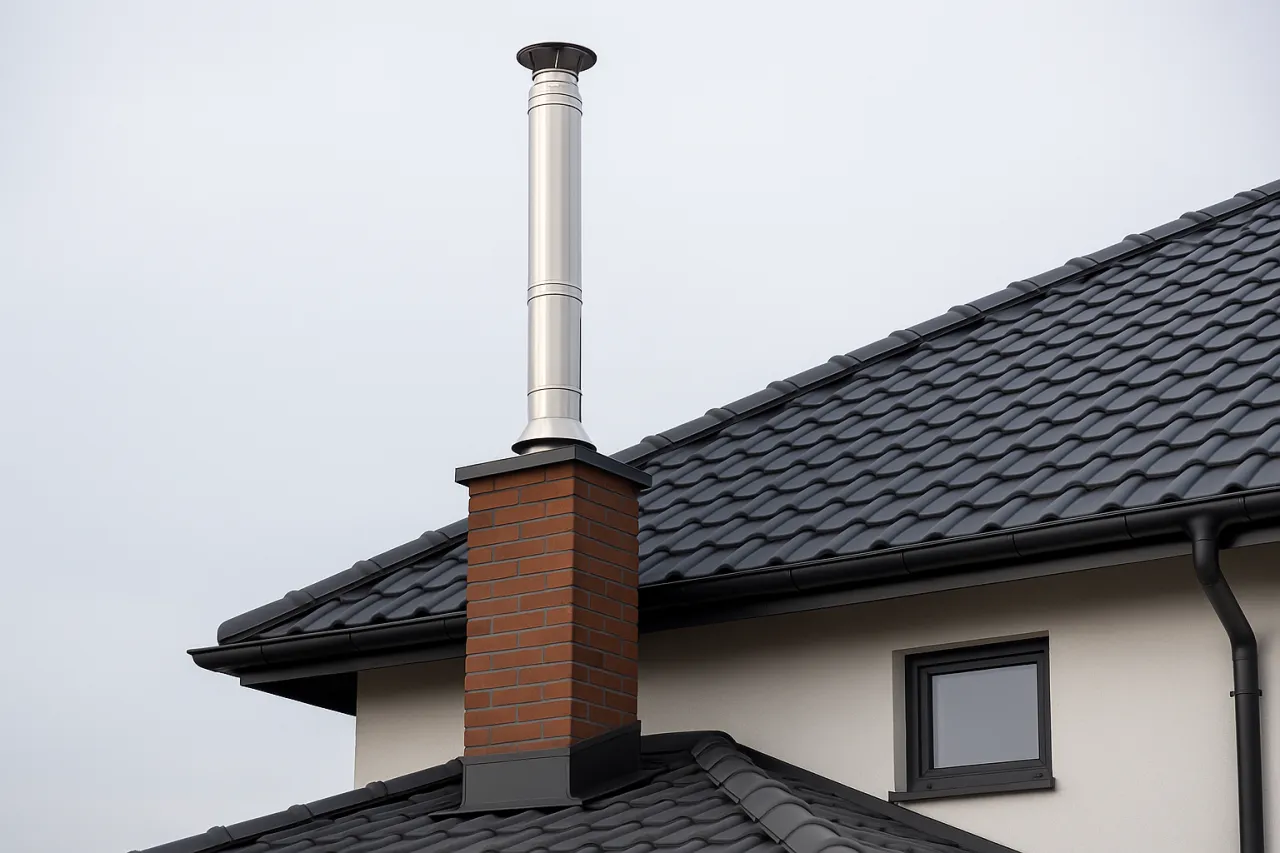 Nowoczesny komin z cegły z metalową rurą, pokryty czarną dachówką, stanowi estetyczne wykończenie dachu.