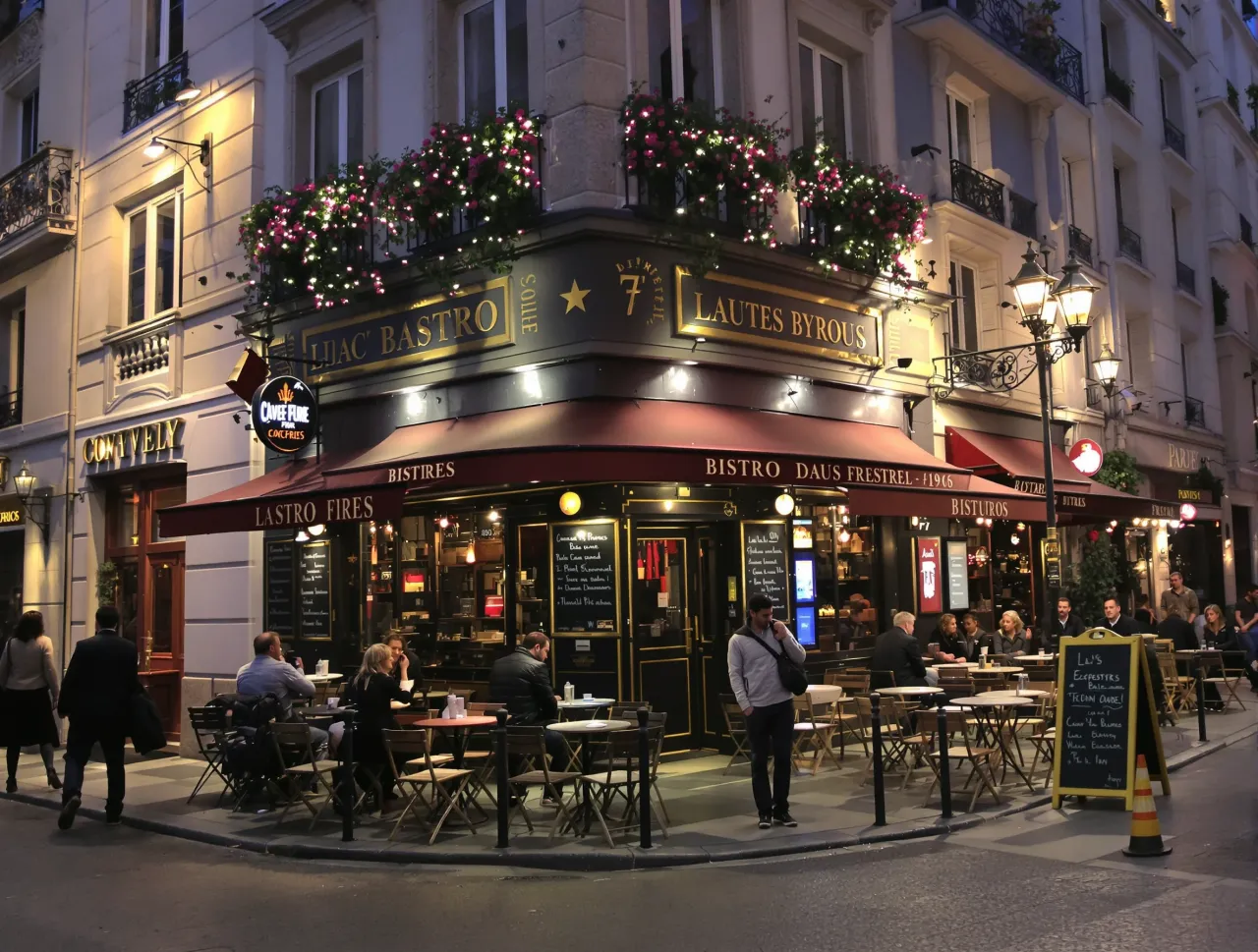 Wieczorny Paryż, tętniący życiem bistro. Ludzie siedzą przy stolikach, rozmawiają, jedzą. Czy w Paryżu jest bezpiecznie? Wygląda na to, że tak, atmosfera jest spokojna i przyjazna.