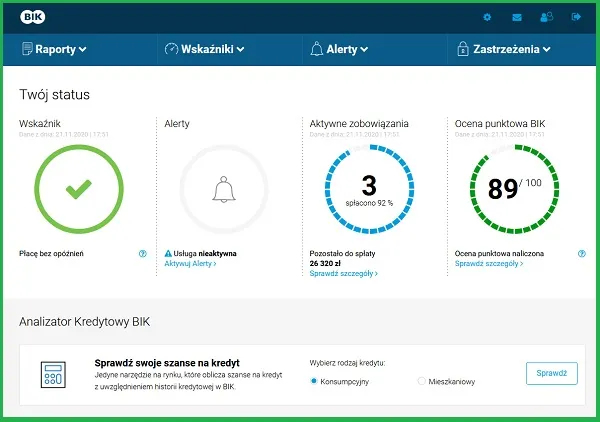 Przykładowy raport BIK z oceną punktową
