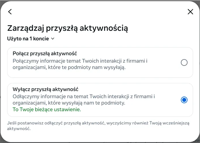 Zrzut ekranu: Usuwanie konta z Centrum Kont Meta