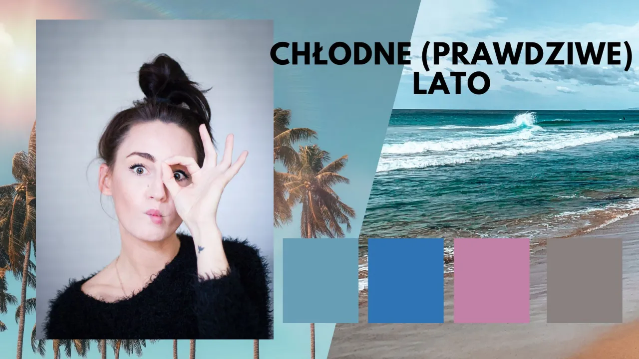 Kobieta z uniesionym palcem i kciukiem tworzy okular, patrząc przez niego. W tle palmy i morze. To chłodne lato, ale widok jest orzeźwiający.