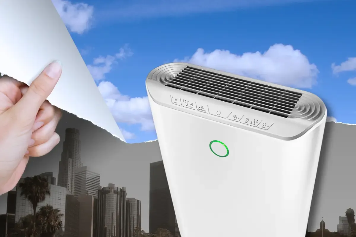 Odkryj czyste powietrze! Oczyszczacz powietrza pomaga jak chronić się przed zanieczyszczeniami, odsłaniając błękitne niebo nad miastem.