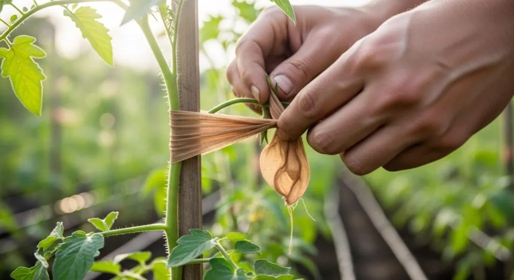 rajstopy w ogrodzie, wiązanie roślin rajstopami