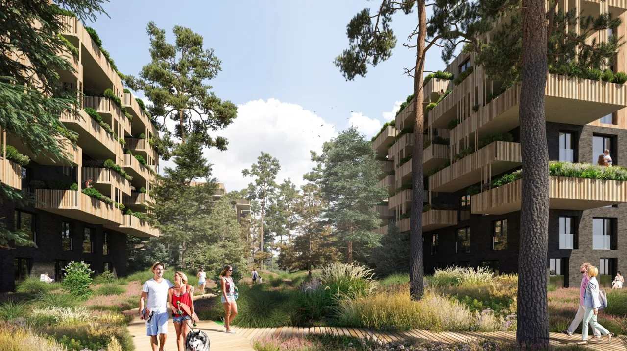 Nowoczesna architektura osiedla z zielenią w Warszawie