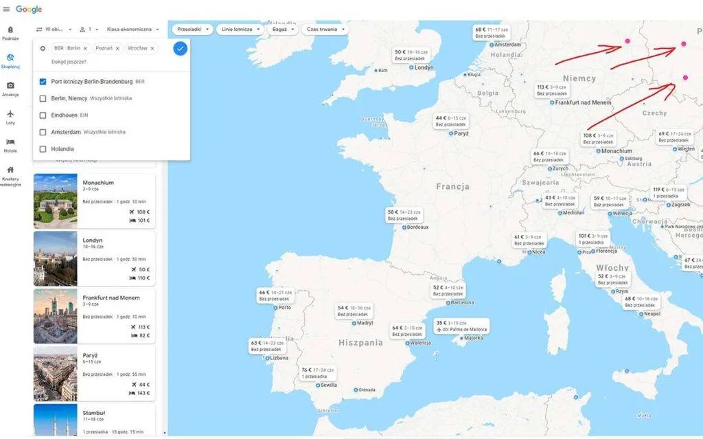 Zrzut ekranu por&oacute;wnywarki lot&oacute;w Skyscanner lub Google Flights z widocznymi opcjami filtrowania