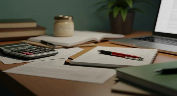 dokumenty finansowe i kalkulator na biurku