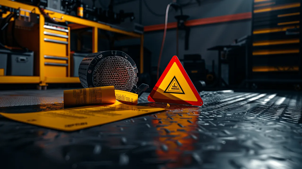 Ostrzeżenie o zagrożeniu i instrukcja na ż&oacute;łtej kartce leżą obok części samochodowej. Pamiętaj, kara za brak DPF może być wysoka.