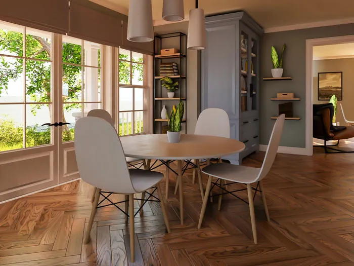 różne kształty stołów w małych salonach