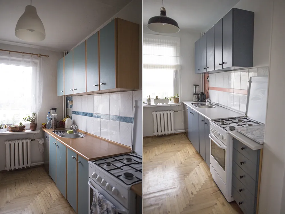mała kuchnia przed i po zmianie koloru mebli