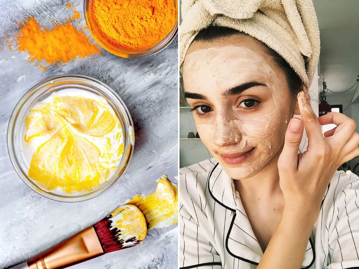 Domowa maseczka z kurkumą i mlekiem, która pomoże jak pozbyć się pryszcza. Młoda kobieta z nałożoną maską na twarz.