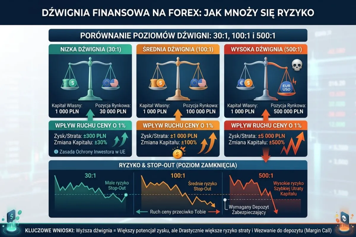Por&oacute;wnanie dźwigni finansowej na Forex: 30:1, 100:1, 500:1. Wyższa dźwignia to większy potencjał zysku, ale też drastycznie większe ryzyko straty.