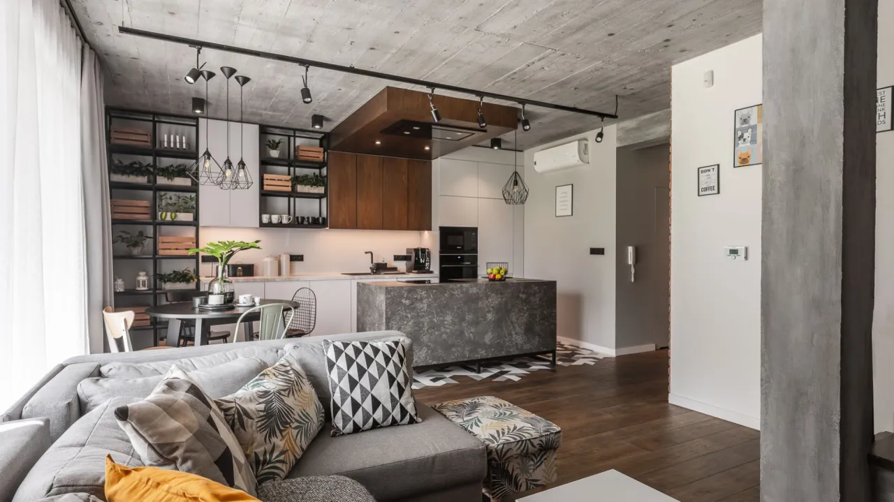 kuchnia loftowa cegła beton architektoniczny inspiracje