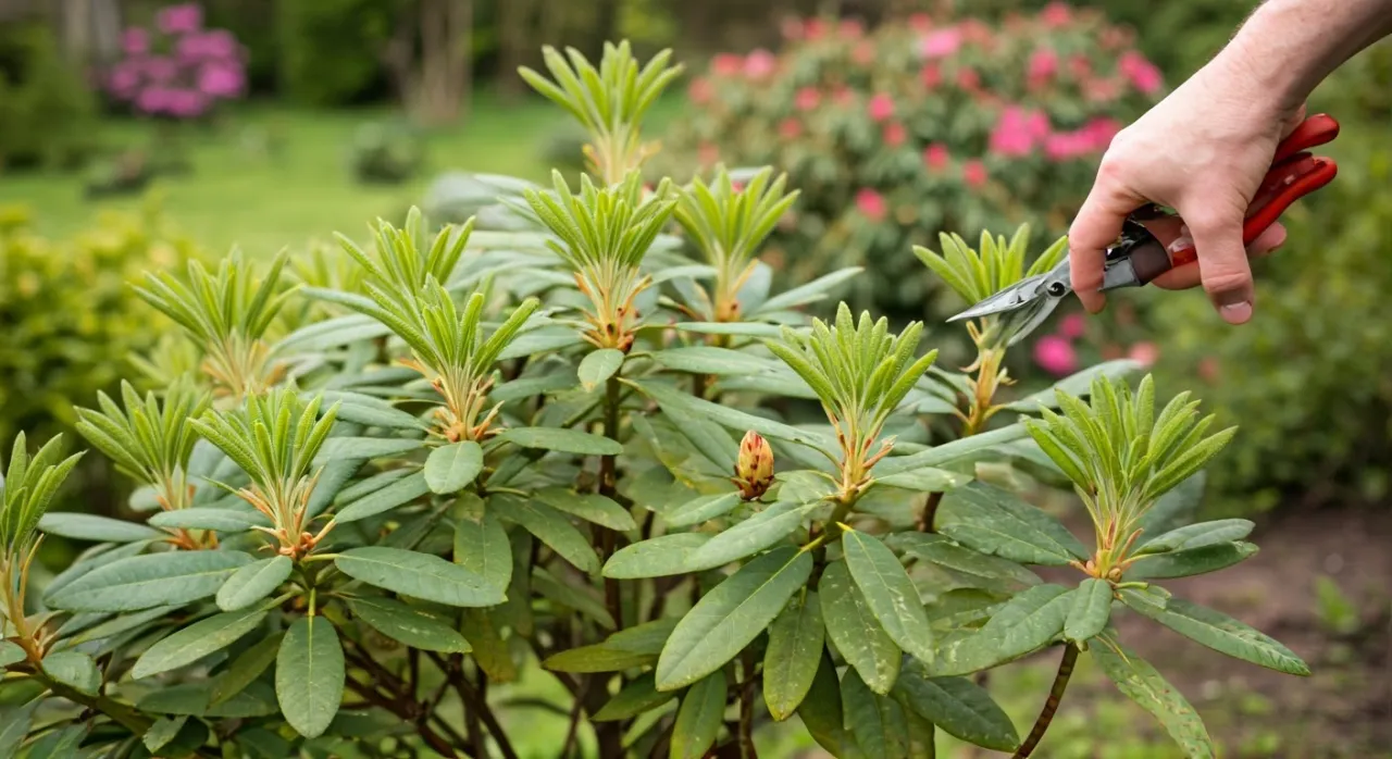 rododendron przed i po przycinaniu