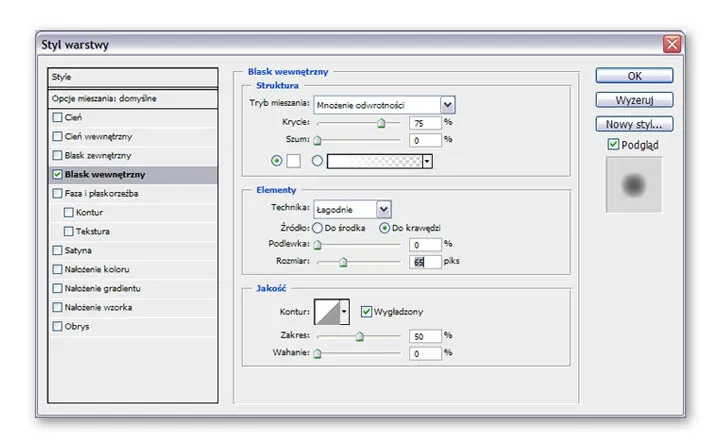 panel style warstwy photoshop blask zewnętrzny