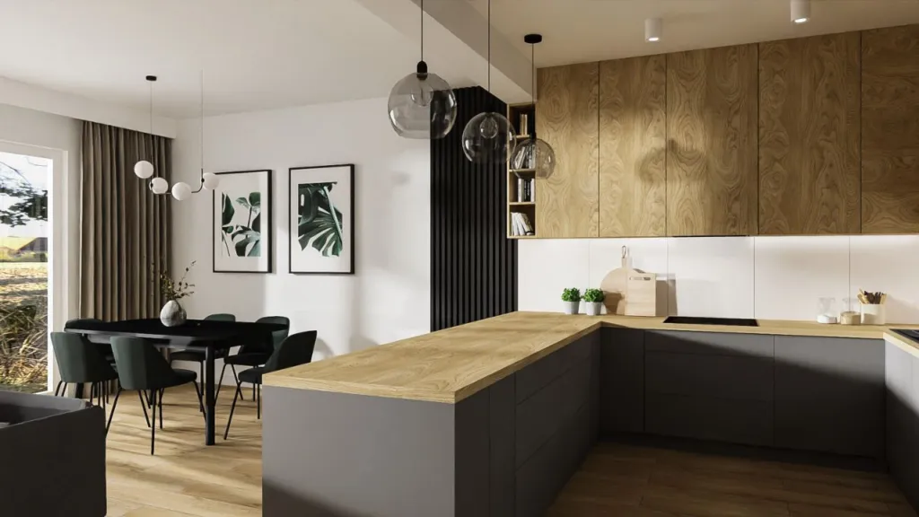 Salon z aneksem kuchennym wyspa oddzielenie