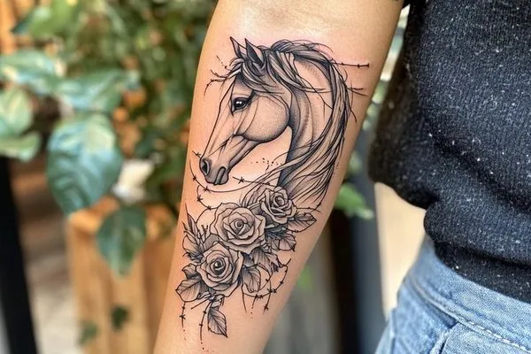 tatuaż koń z pi&oacute;rami i kwiatami