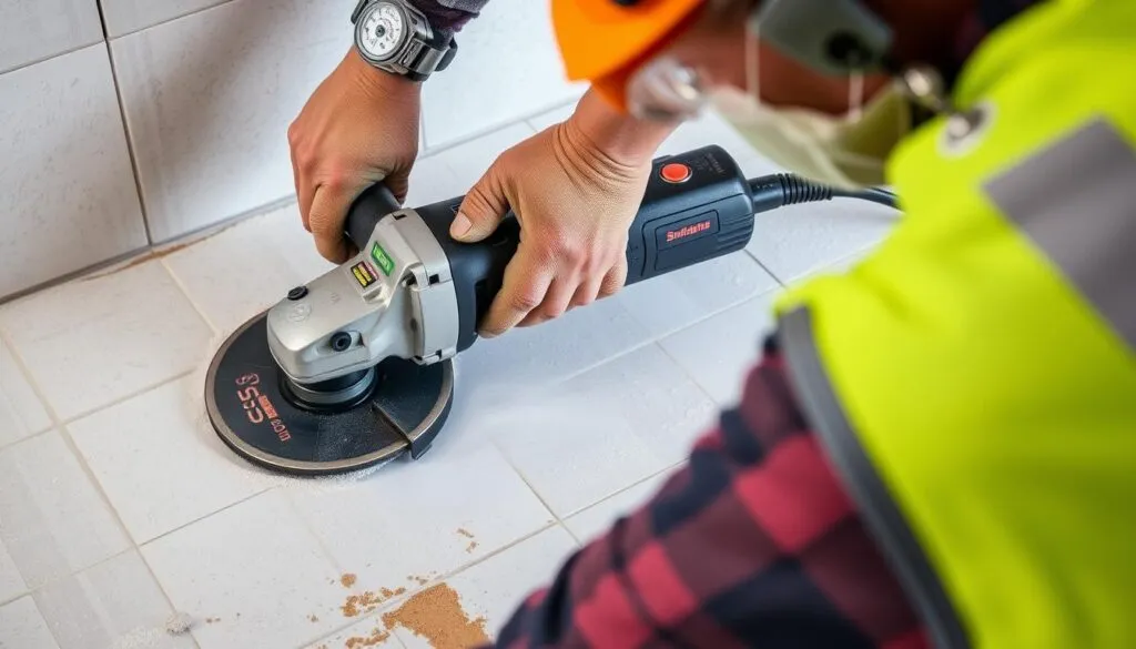 usuwanie kleju do płytek szlifierką kątową