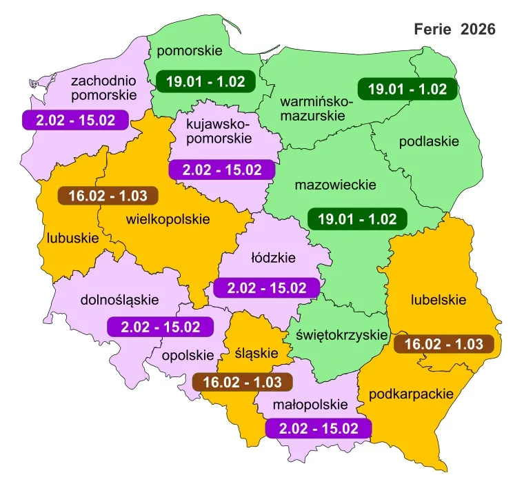 Mapa Polski ferie zimowe 2026 wojew&oacute;dztwa