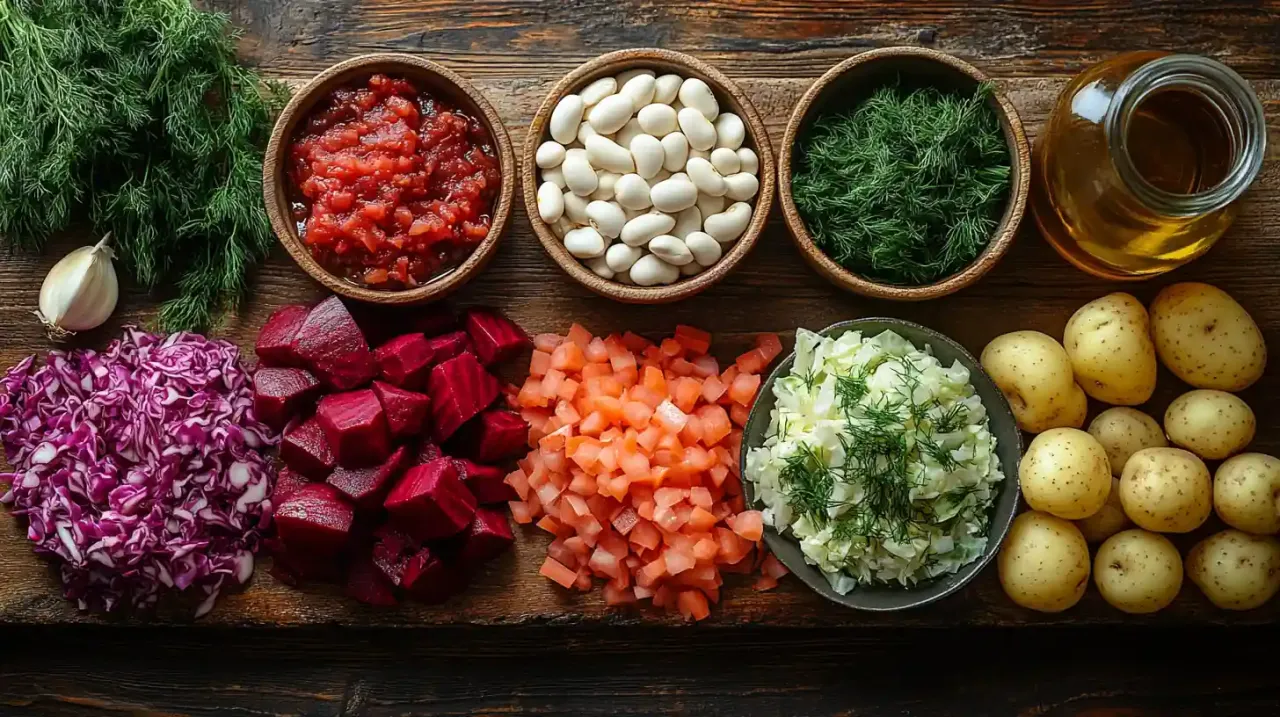 Składniki na barszcz czerwony: buraki, biała kapusta, marchew, ziemniaki, fasola, pomidory, koperek, czosnek i olej.