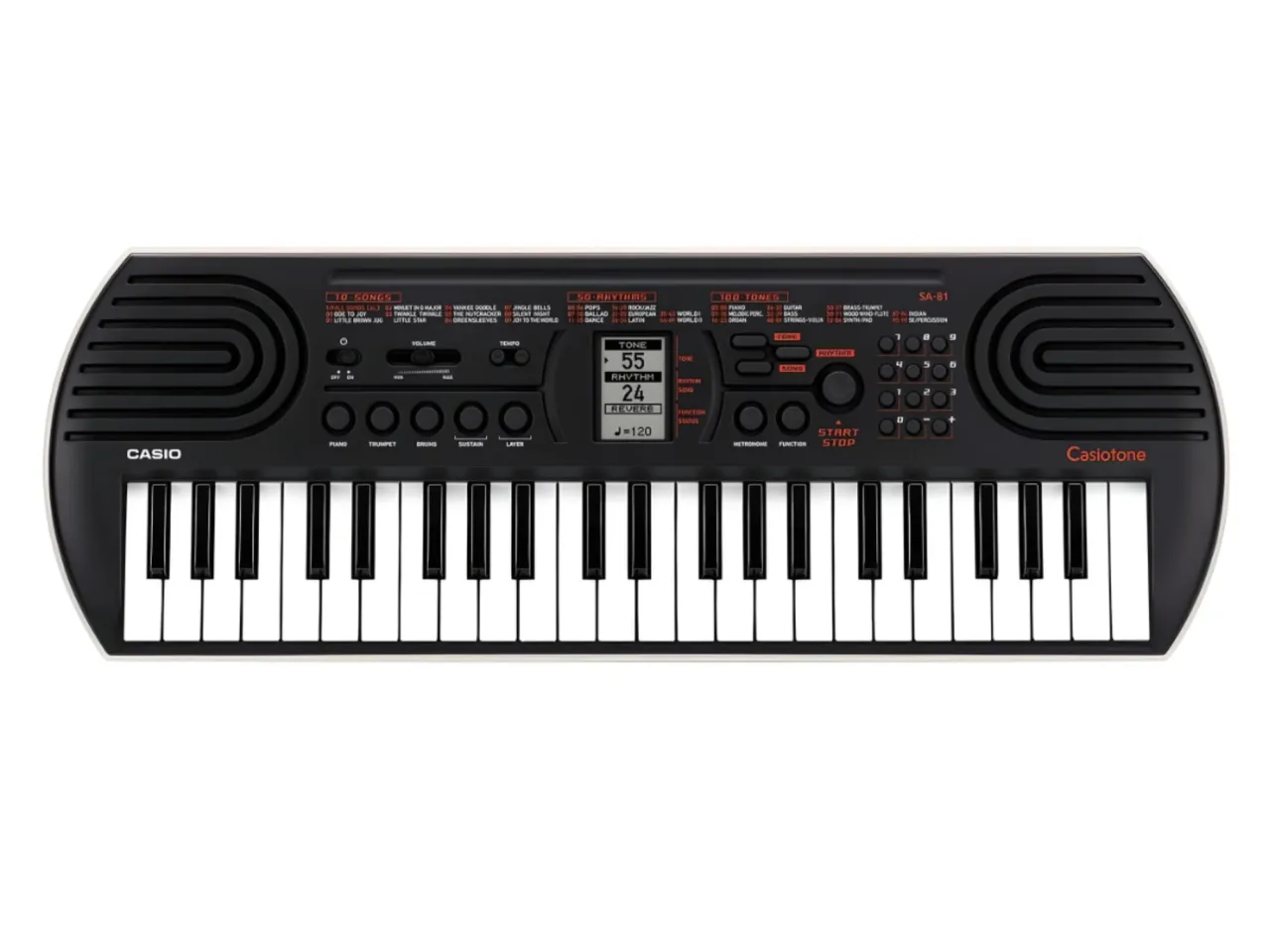 Czarny keyboard Casio SA-81, idealny jako keyboard dla dzieci, z białymi klawiszami i kolorowymi przyciskami do nauki muzyki.