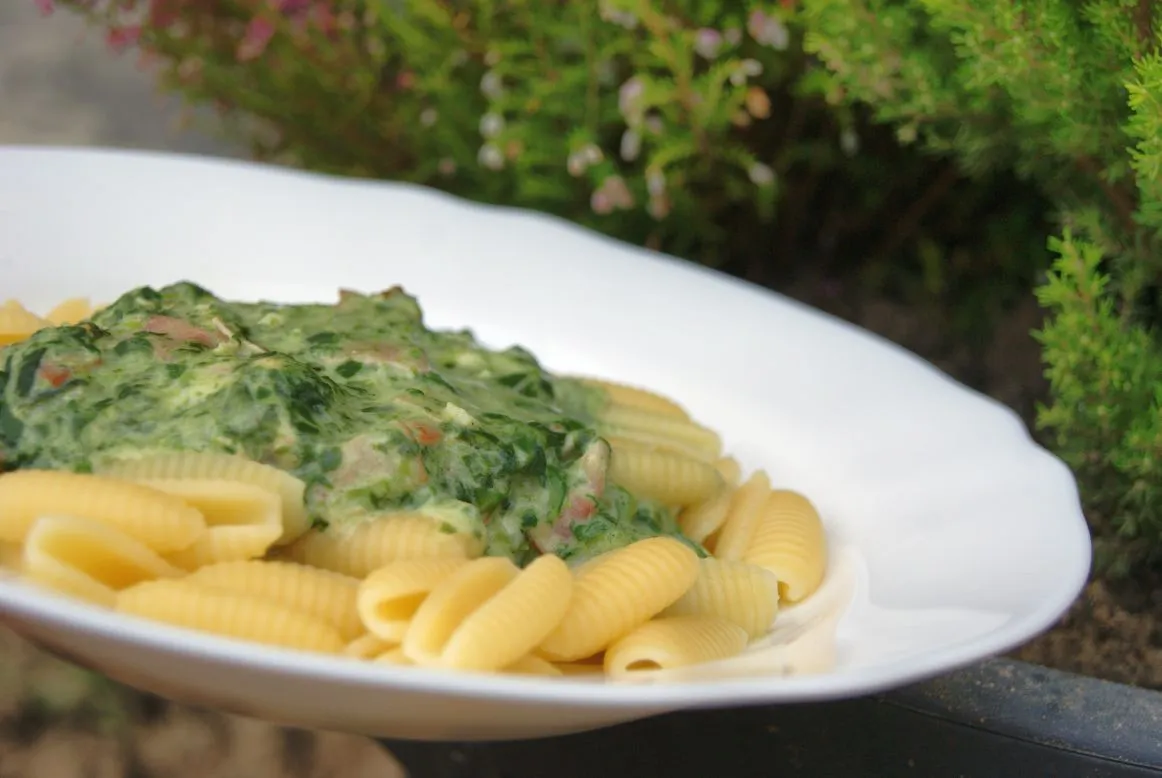 makaron z sosem serowym i boczkiem, makaron z sosem serowym i szpinakiem