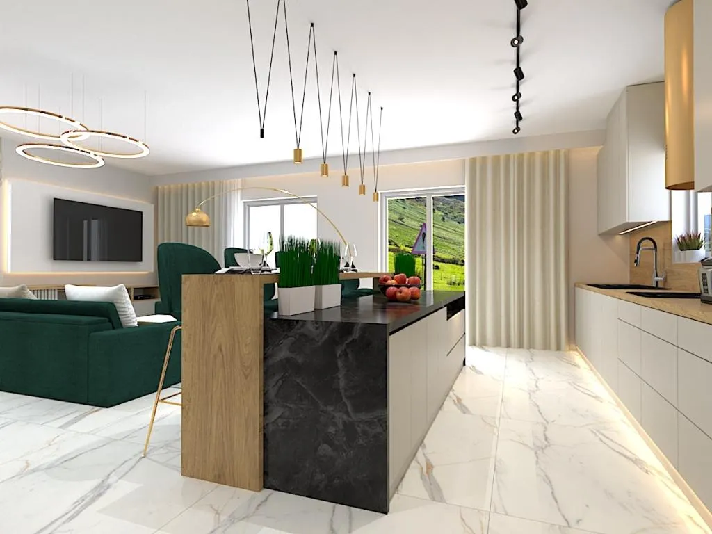 Salon z aneksem kuchennym w bloku z wyspą