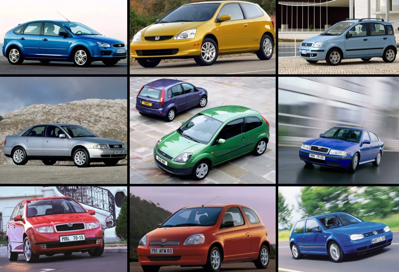 Kompilacja aut miejskich, w tym niebieski Ford Focus, ż&oacute;łty Honda Civic i Fiat Panda &ndash; szukamy najbardziej ekonomiczne auto.