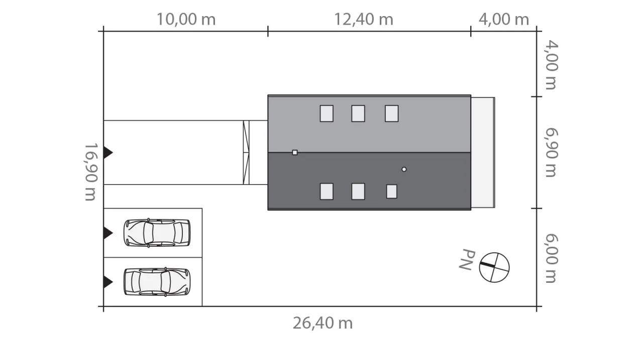 Rzut parteru z wymiarami: budynek 12,4x6,9m, garaż 10x4m, dwa miejsca postojowe. Określa, ile arów musi mieć działka budowlana.