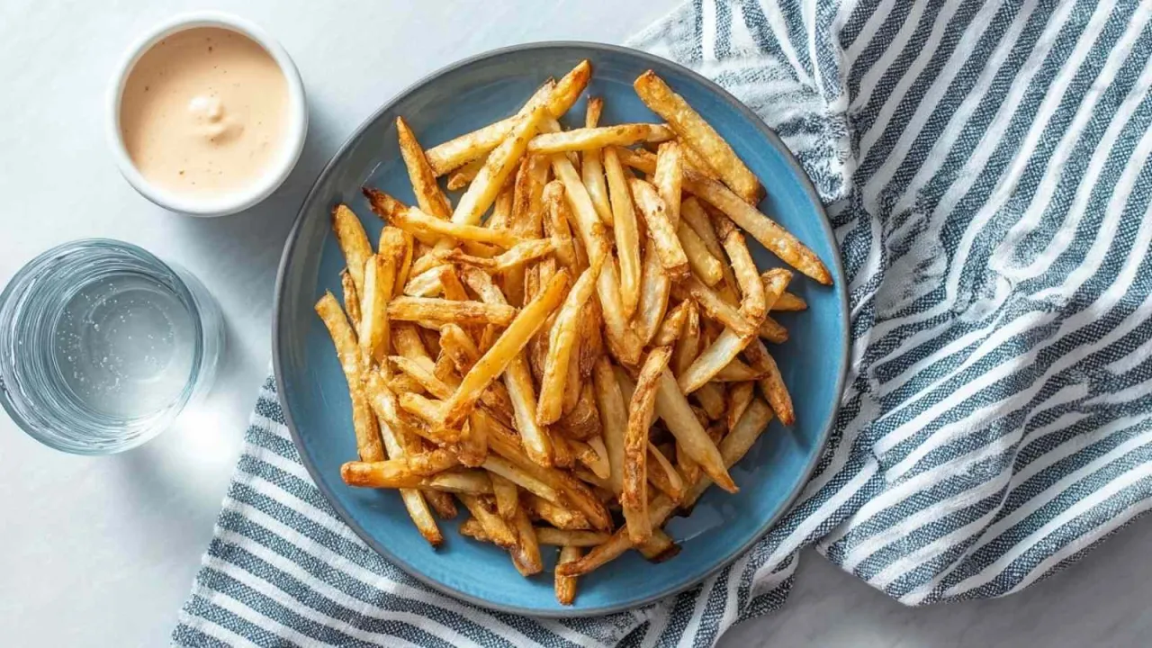 Domowe frytki na talerzu z sosem