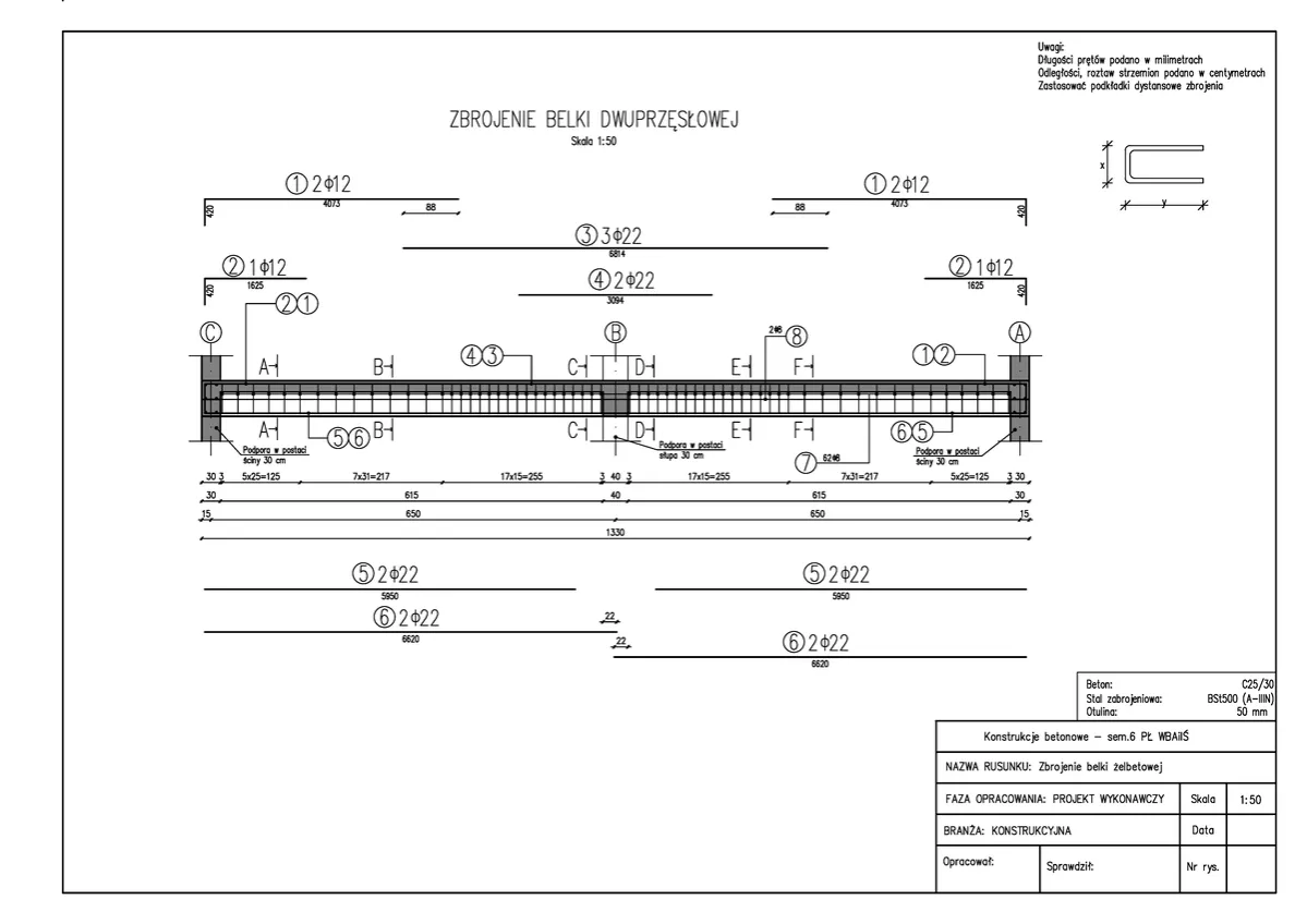 Schemat sił działających na podciąg żelbetowy